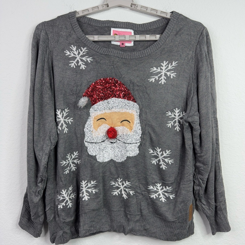 Tipsy Elves Ugly Christmas Sweater Women XL Grey Santa Sequin Snowflakes Holiday